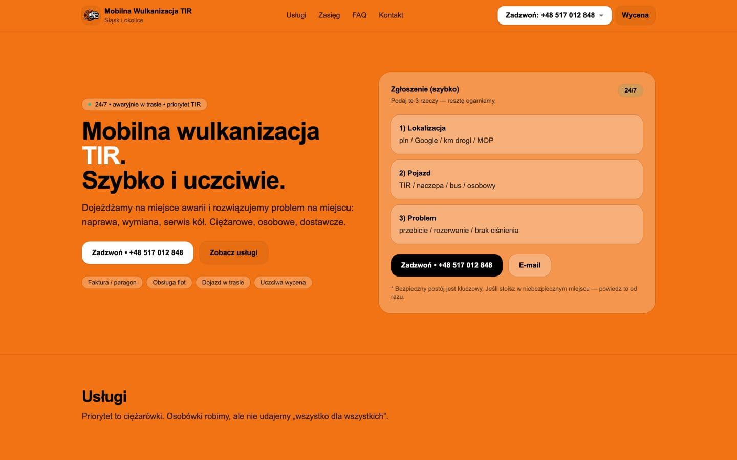 Strona internetowa Mobilnej Wulkanizacji Śląsk
